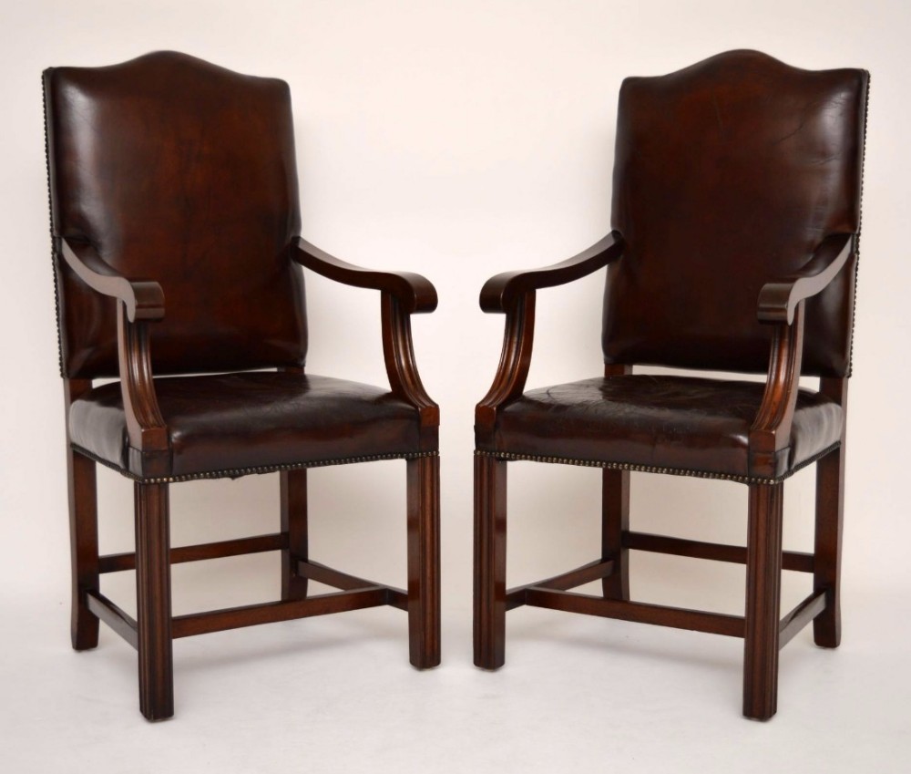 Pair of Antique Leather & Mahogany Gainsborough Armchairs