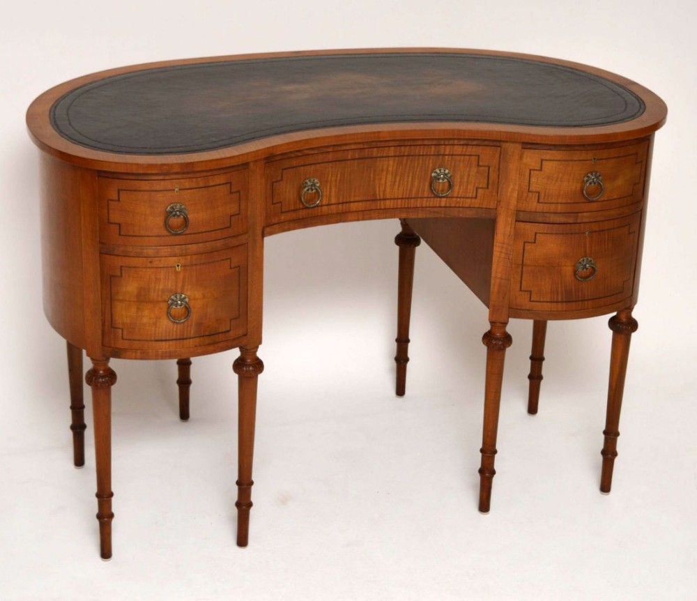 Antique Elegant Edwardian Inlaid Mahogany Kidney Shaped Desk