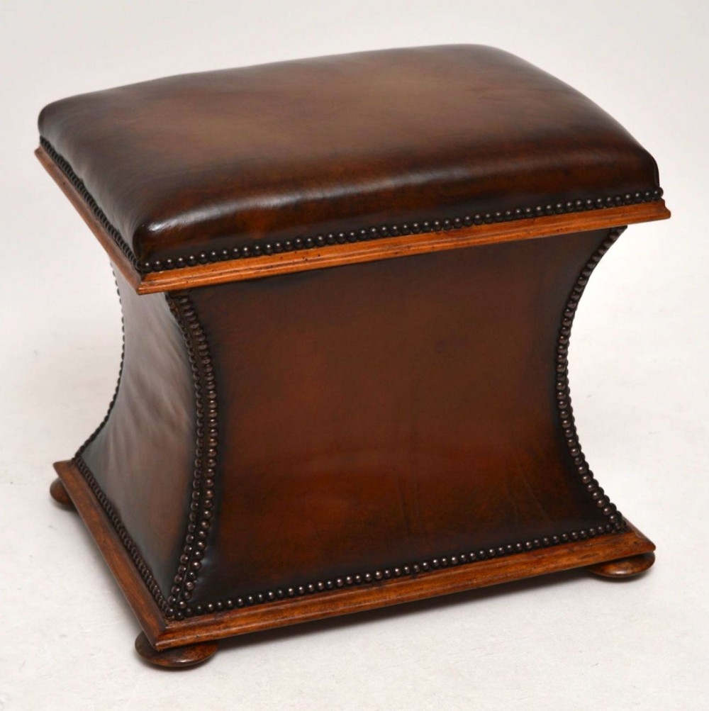 Antique Victorian Leather & Mahogany Trunk / Stool