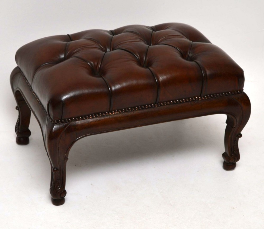 Antique Deep Buttoned Leather & Mahogany Foot Stool