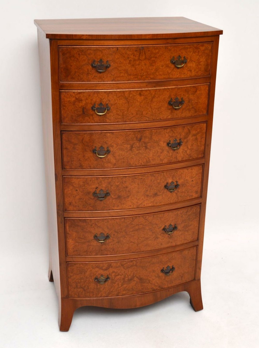 Antique Burr Walnut Bow Fronted Chest of Drawers