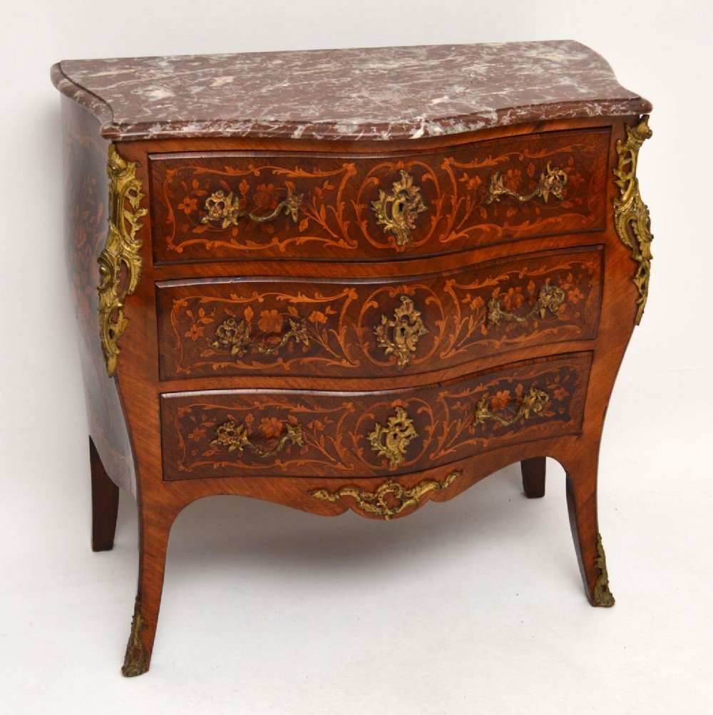 Antique French Kingwood & Rosewood Marble Top Bombe Commode