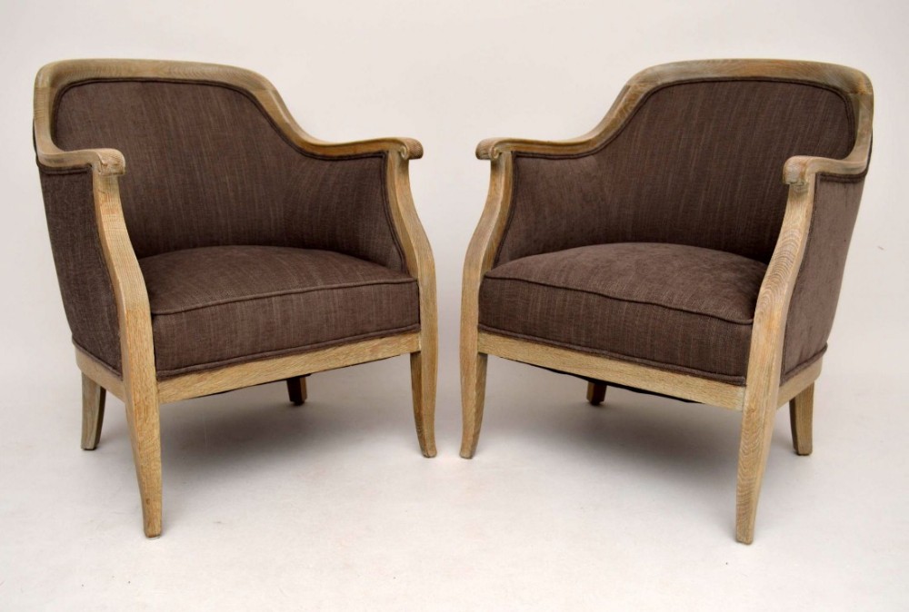 Pair of Antique Swedish Bleached Oak Upholstered Armchairs