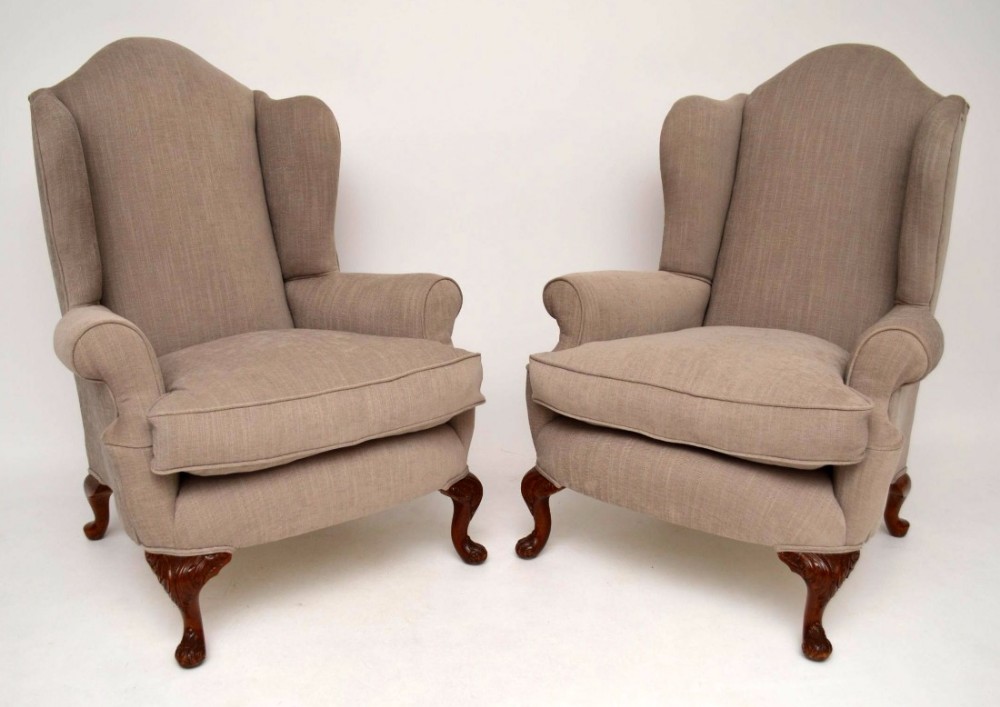 Pair of Antique Upholstered Wing Armchairs
