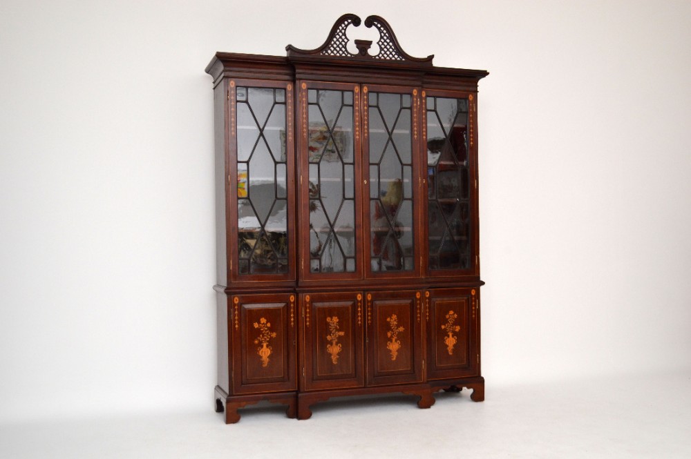 Antique Mahogany Breakfront Bookcase with Stunning Satinwood Inlays