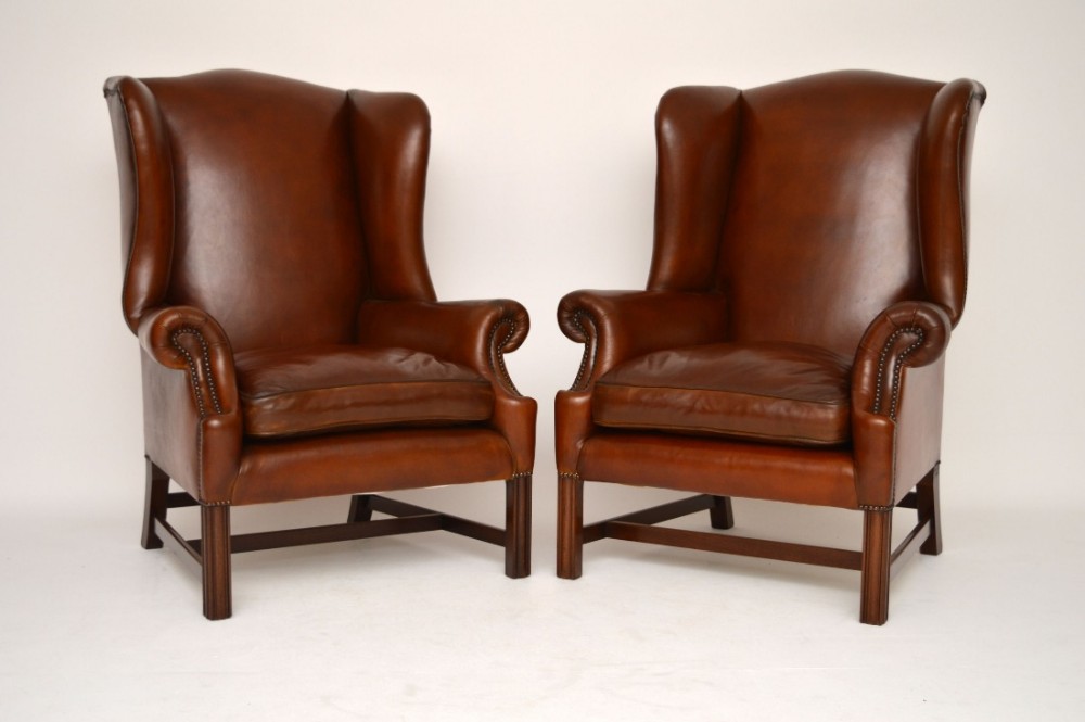 Antique Chippendale Style Leather Wing Armchairs