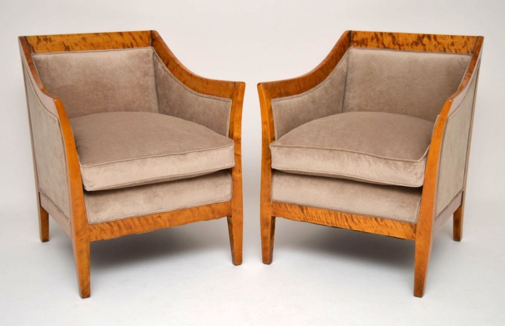 Pair of Antique Swedish Tiger Birch Armchairs