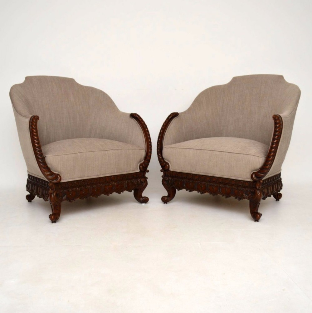 Pair of Antique Swedish Carved Mahogany Armchairs