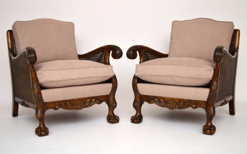 Pair of Finely Carved Antique Swedish Satin Birch Bergere Armchairs