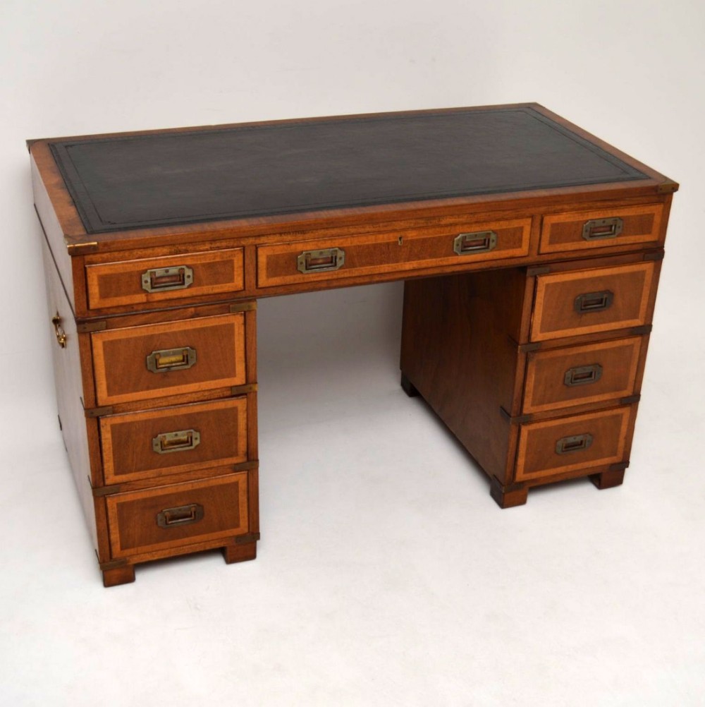 Antique Campaign Style Mahogany Leather Top Desk 