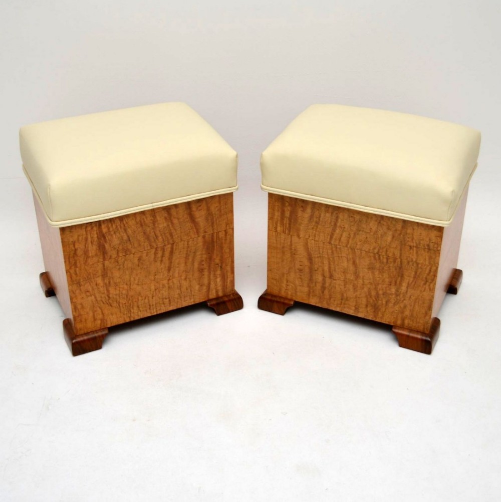 Pair of Antique Swedish Satin Birch & Leather Stools