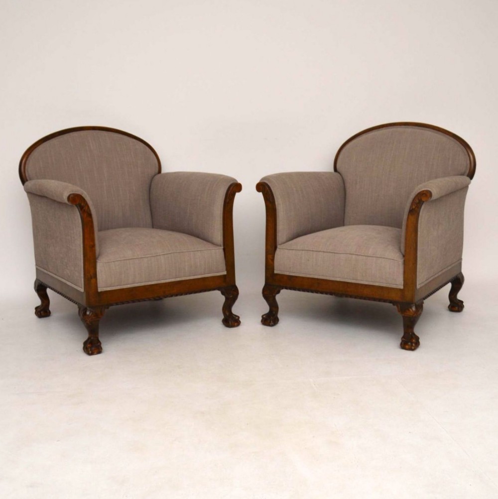 Large Pair of Antique Swedish Satin Birch Armchairs