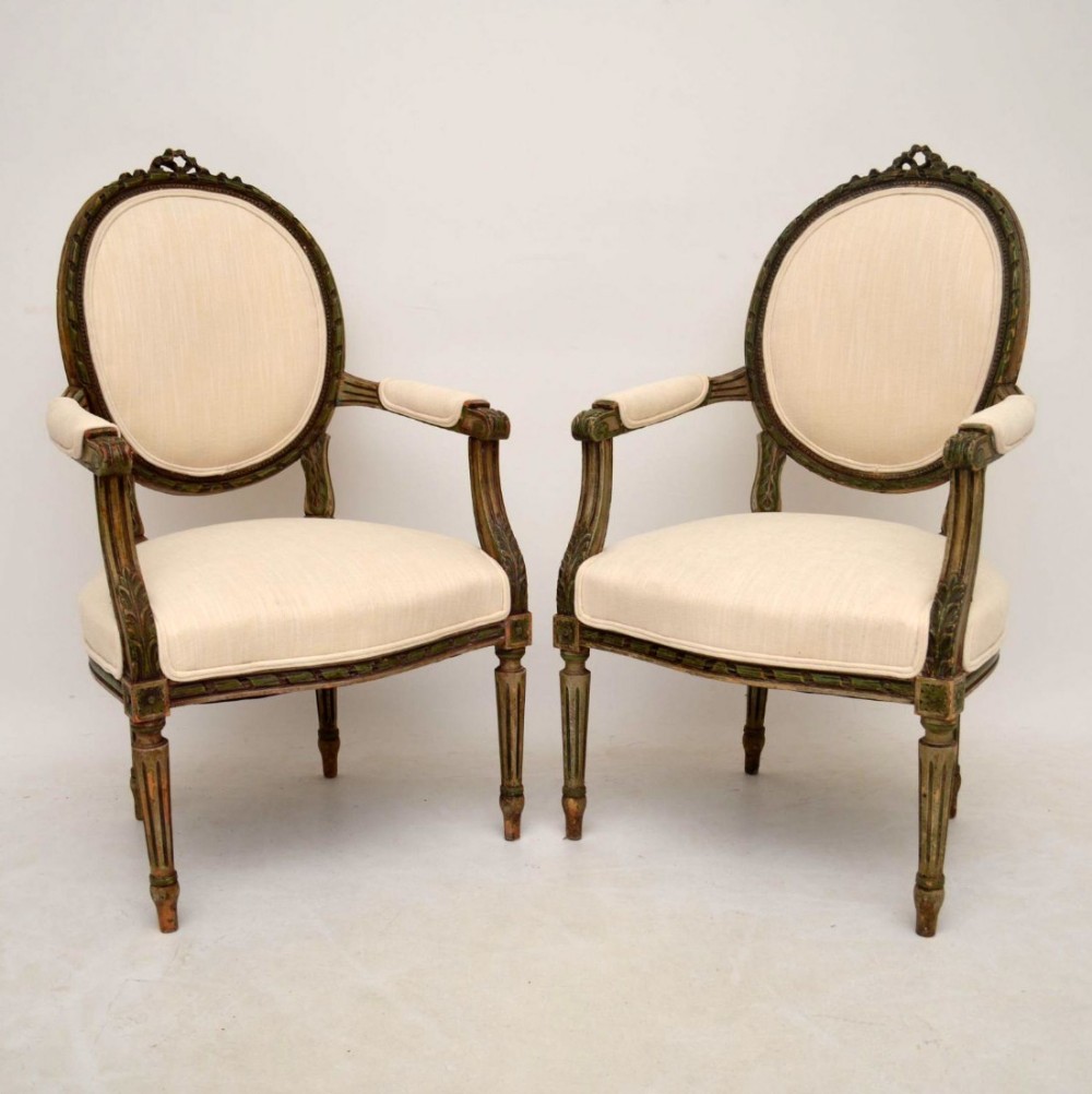 Pair of Antique French Distressed Painted Salon Armchairs 