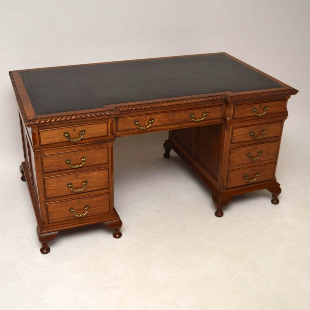 Large Antique Mahogany Leather Top Pedestal Desk 