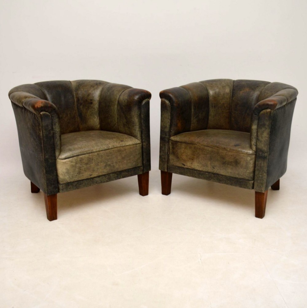 Pair of Antique Swedish Leather Tub Armchairs 