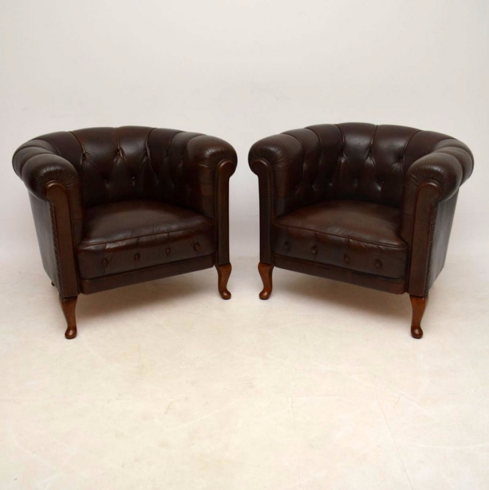 Pair of Antique Swedish Leather Armchairs