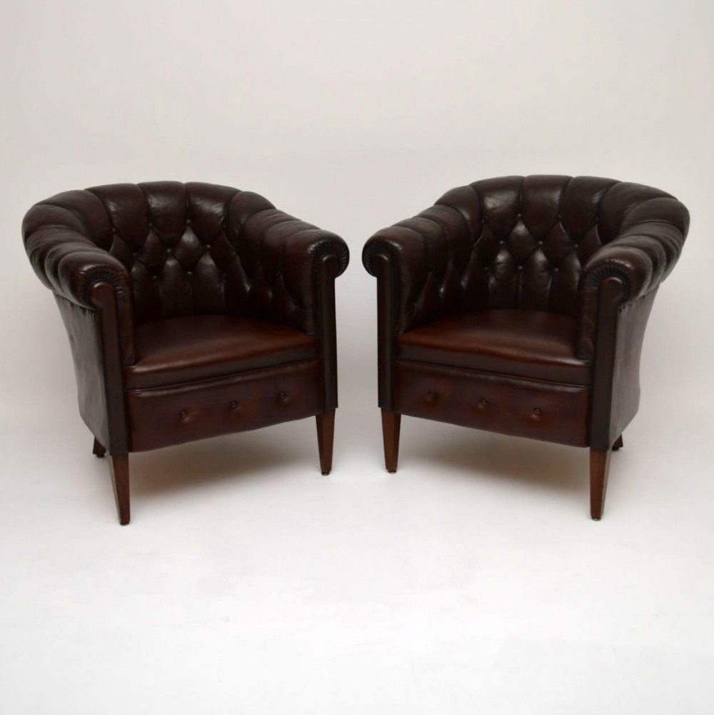 Pair of Antique Swedish Leather Armchairs 