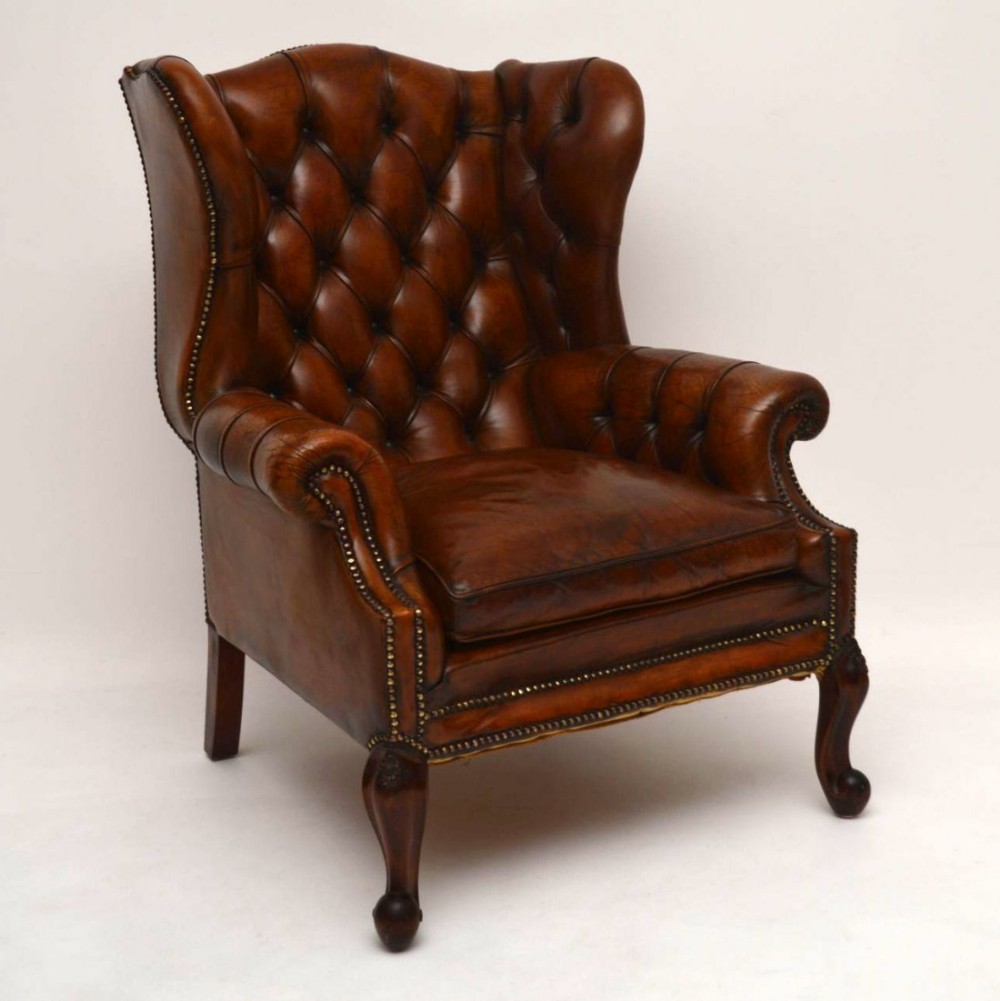  Large Antique Leather Wing Back Armchair