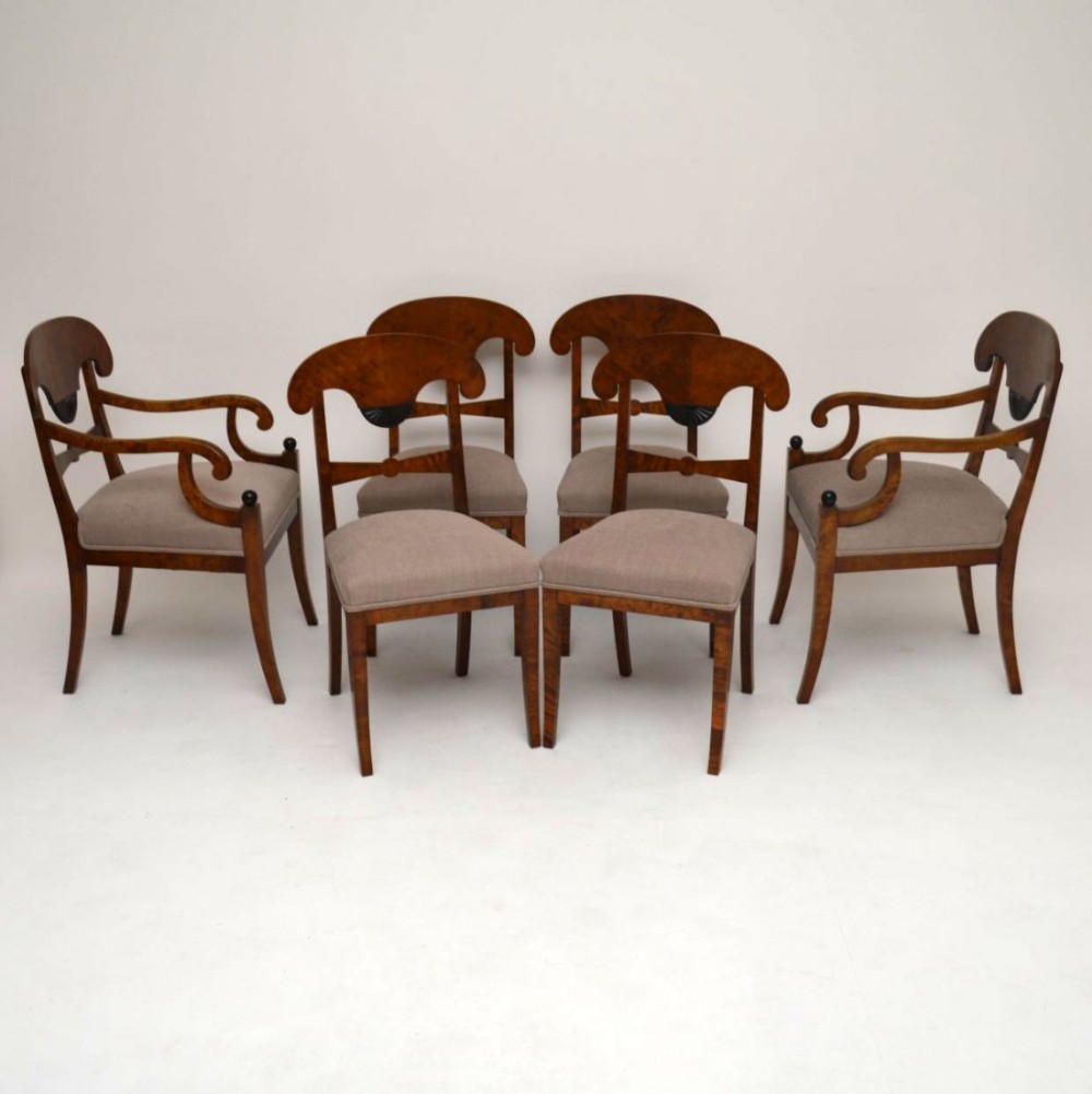 6 Antique Swedish Satin Birch Biedermeier Dining Chairs