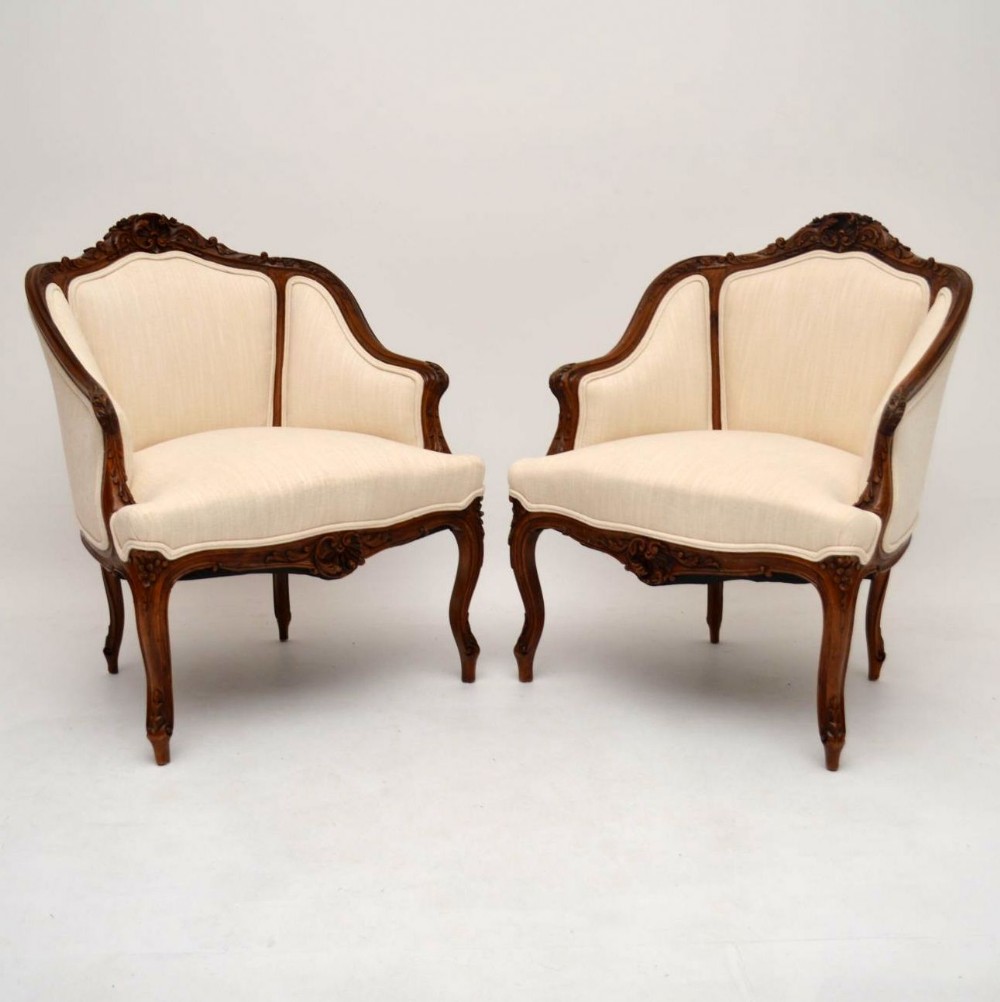 Pair of Antique French Carved Walnut Armchairs