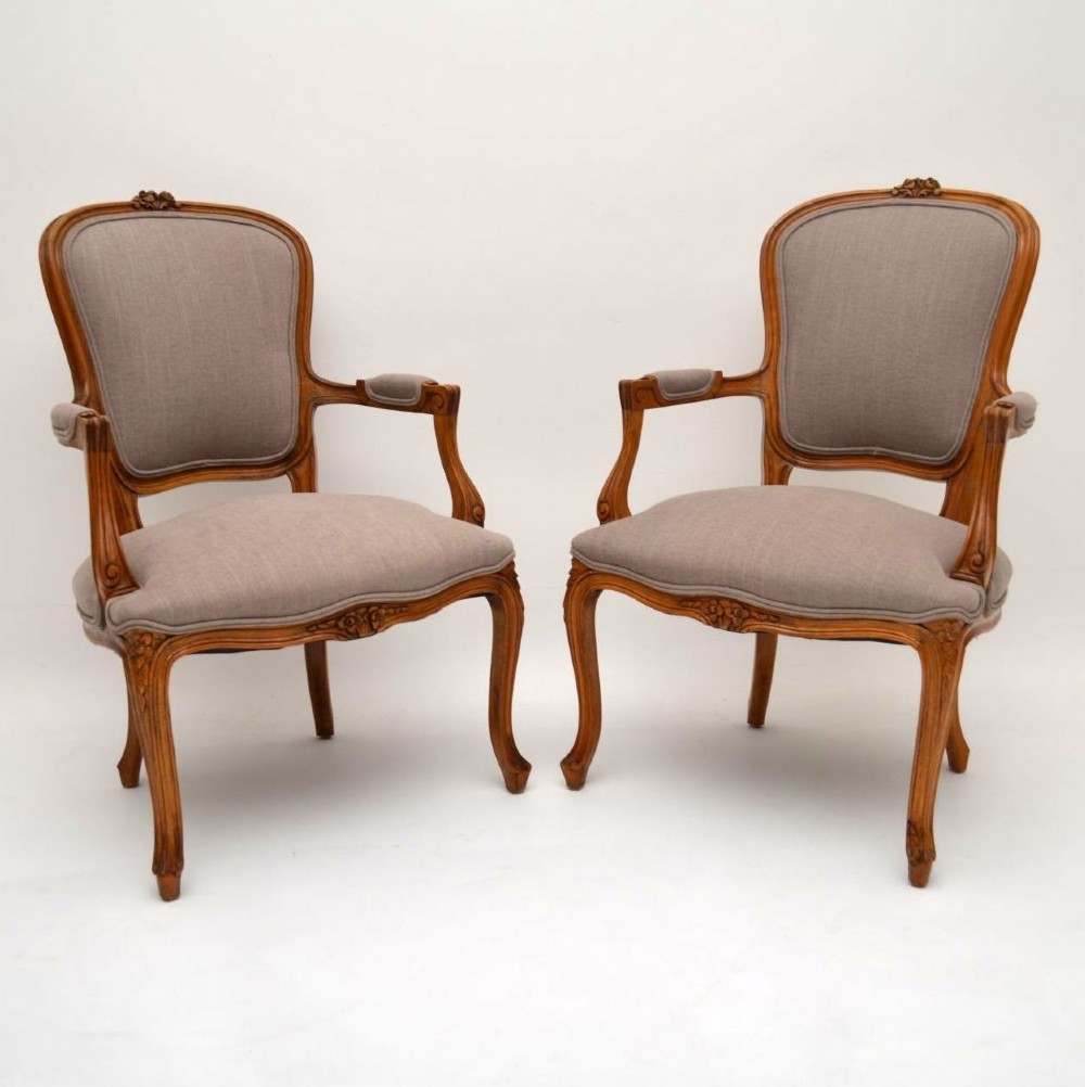 Pair of Antique French Carved Walnut Salon Armchairs