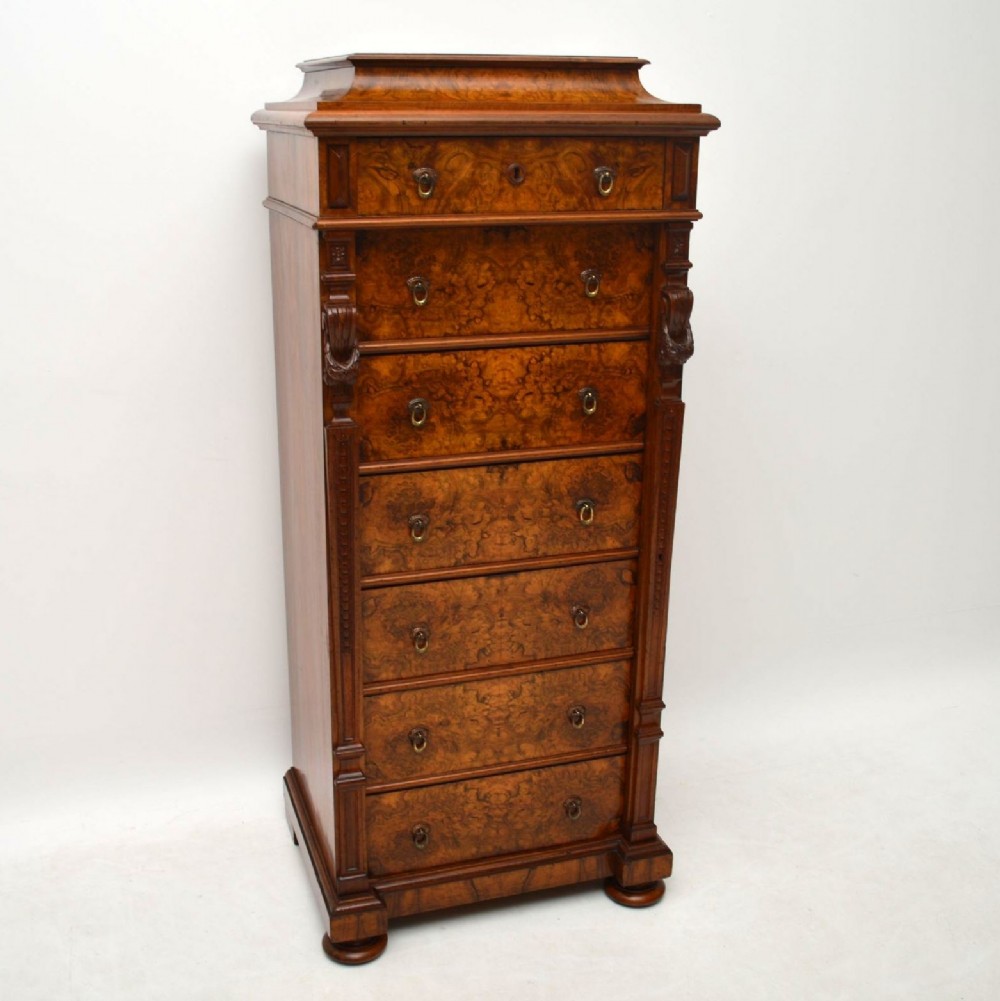 Antique Swedish Burr Walnut Wellington Chest of Drawers 