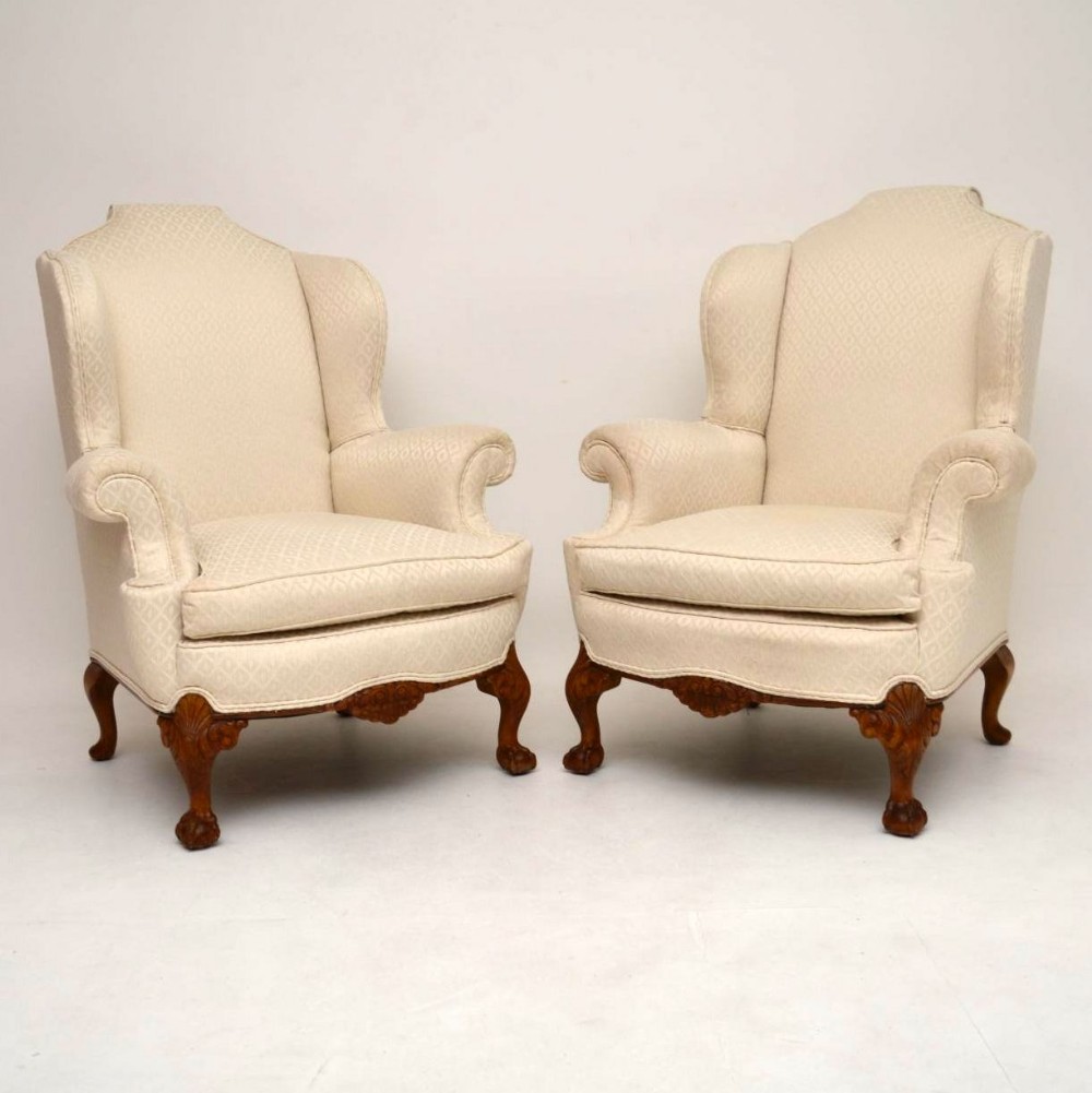 Pair of Antique Queen Anne Style Wing Back Armchairs 