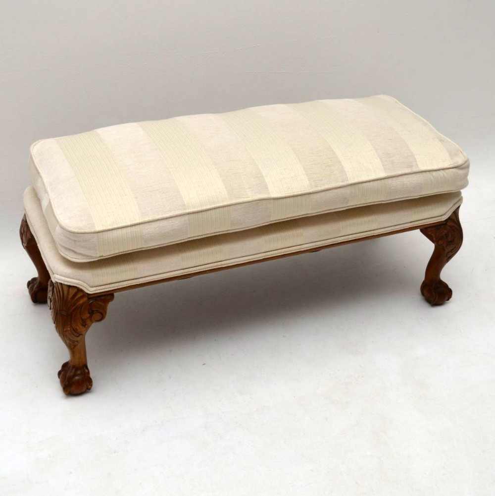 Antique Carved Walnut Upholstered Foot Stool