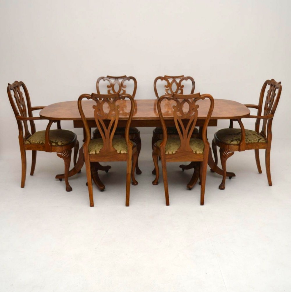 Antique Burr Maple & Walnut Dining Table plus 6 Chairs