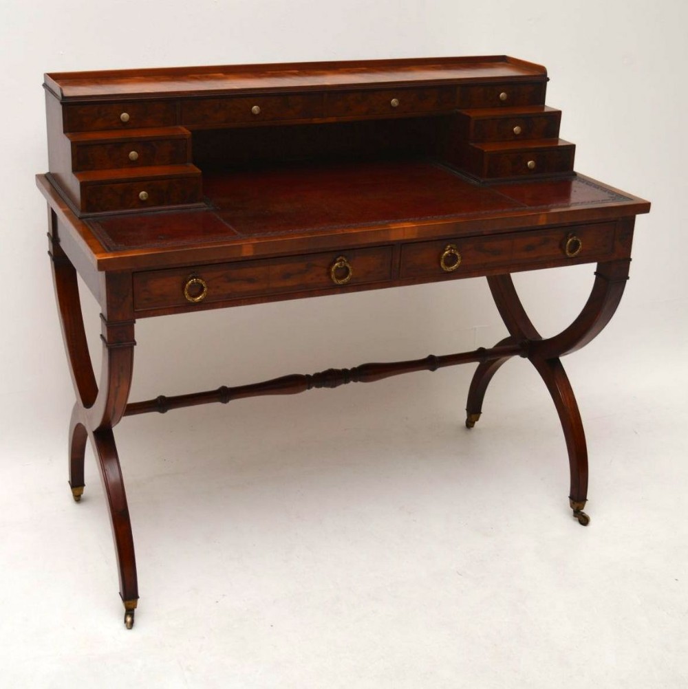  Antique Yew Wood Leather Top Writing Table Desk