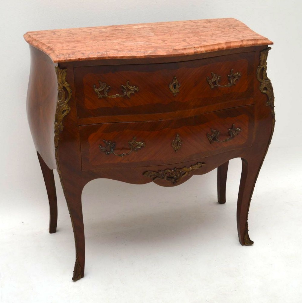 Antique French Kingwood Marble Top Bombe Commode