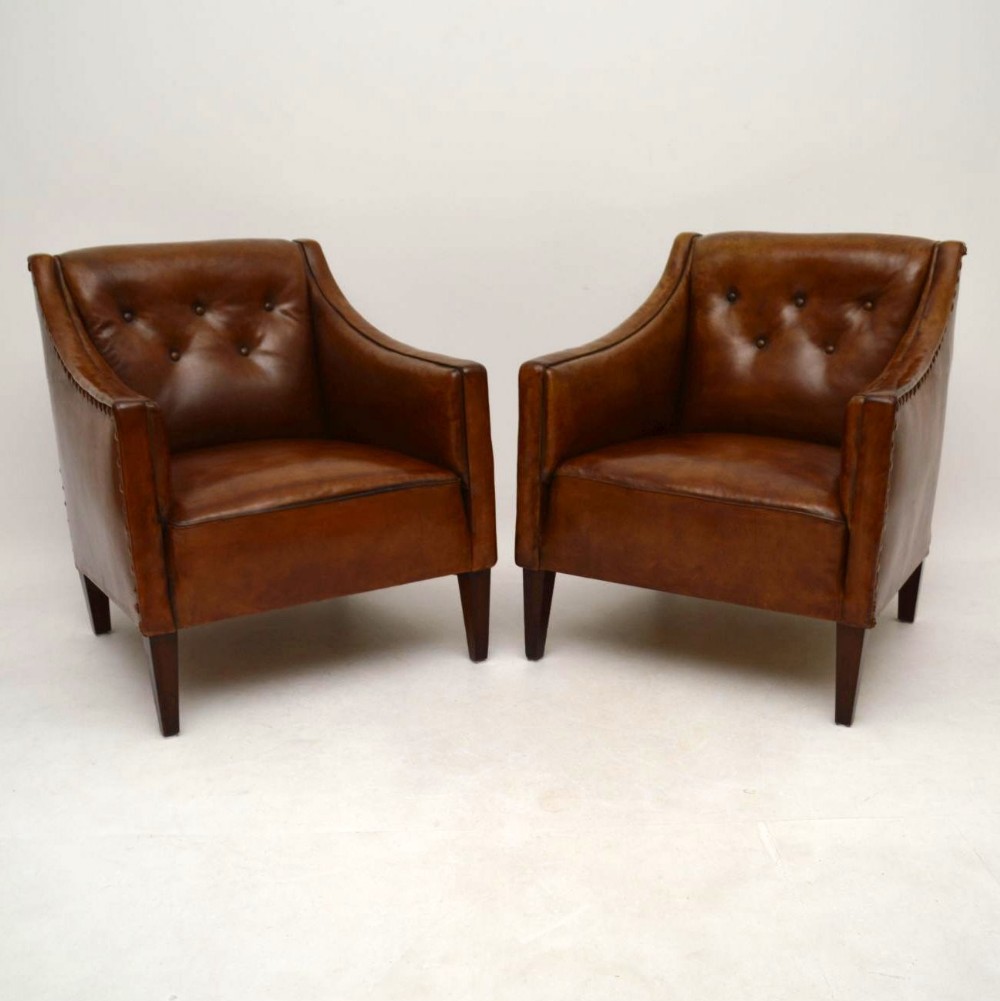 Pair of Antique Swedish Leather Armchairs