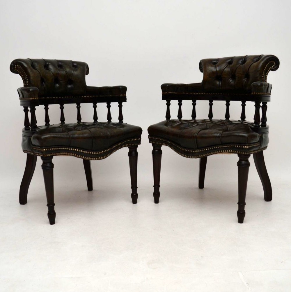 Pair of Antique Distressed Leather & Mahogany Armchairs 