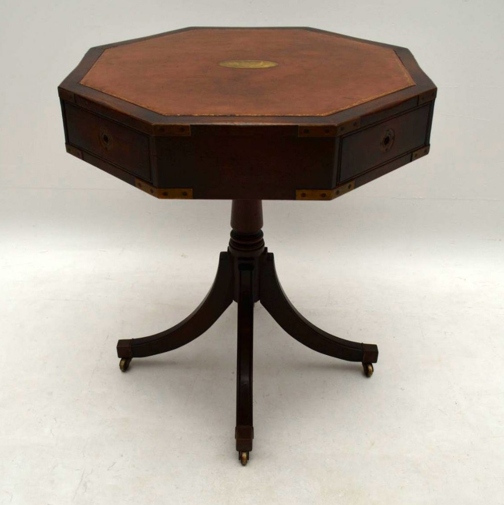 Antique Mahogany Leather Top Military Style Drum Table