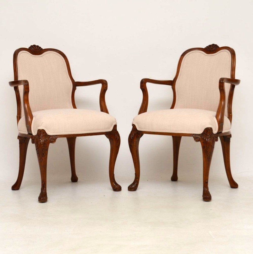  Pair of Antique Carved Walnut Upholstered Armchairs