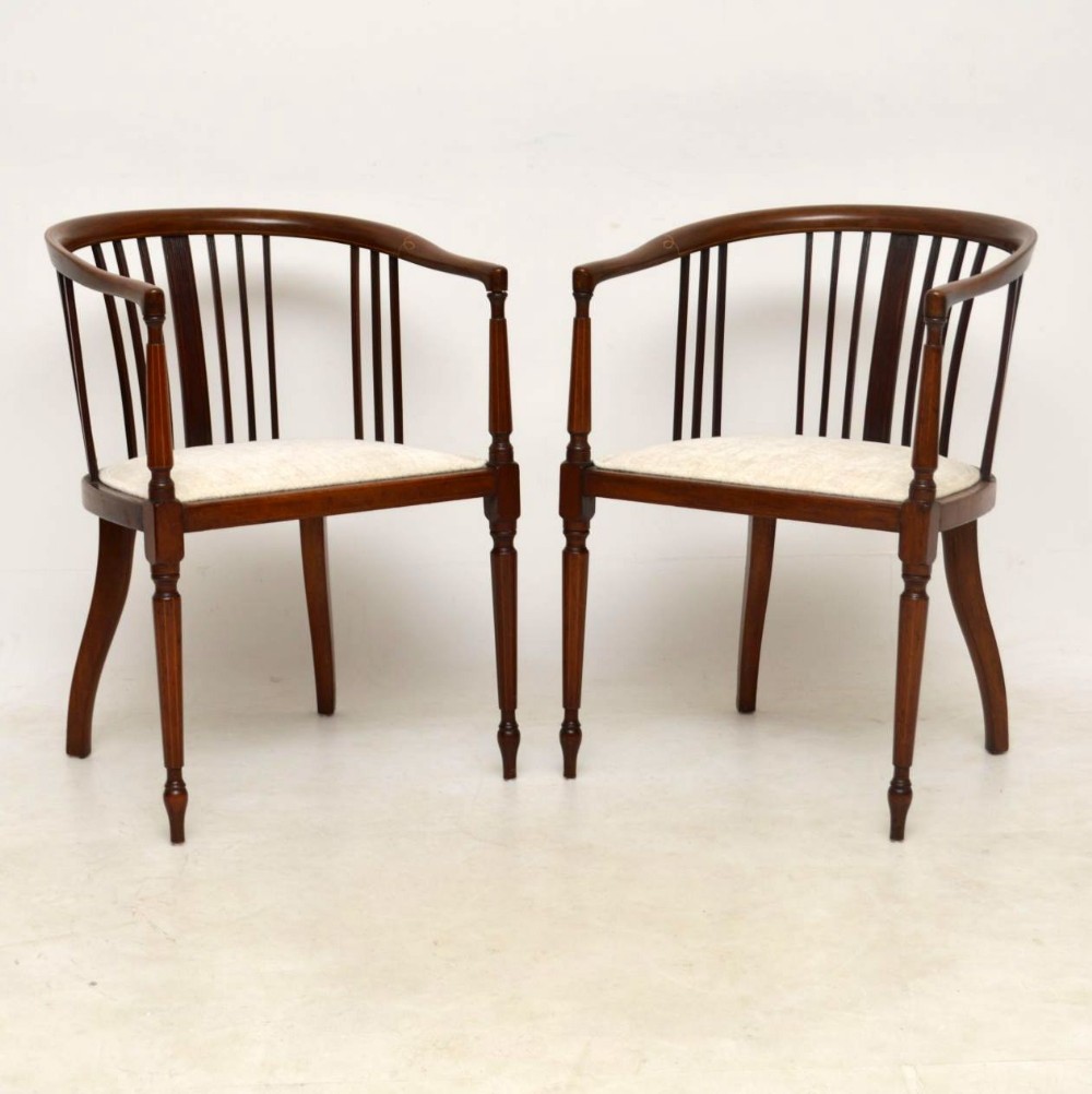 Pair of Antique Edwardian Inlaid Mahogany Armchairs 