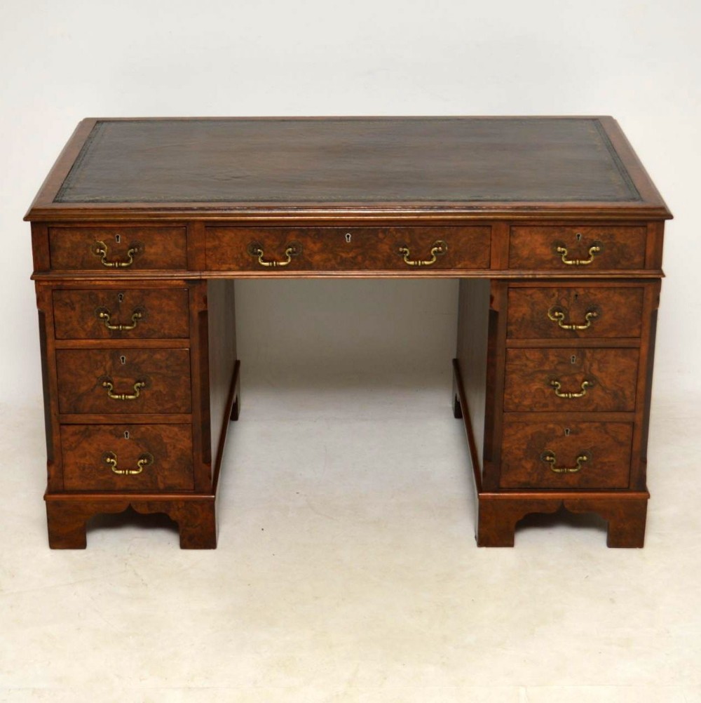 Antique Burr Walnut Leather Top Pedestal Desk