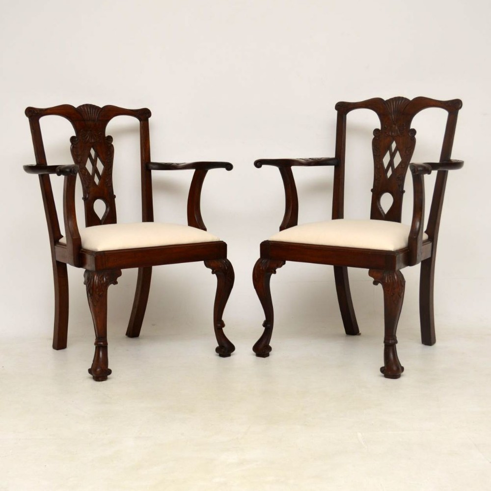 Pair of Antique Mahogany Chippendale Carver Armchairs 
