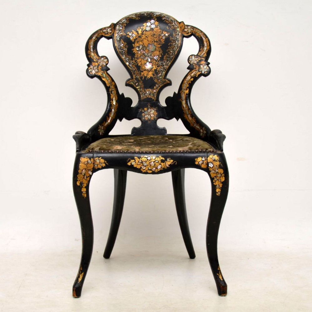 Antique Victorian Papier Mache Side Chair Inlaid with Mother of Pearl 