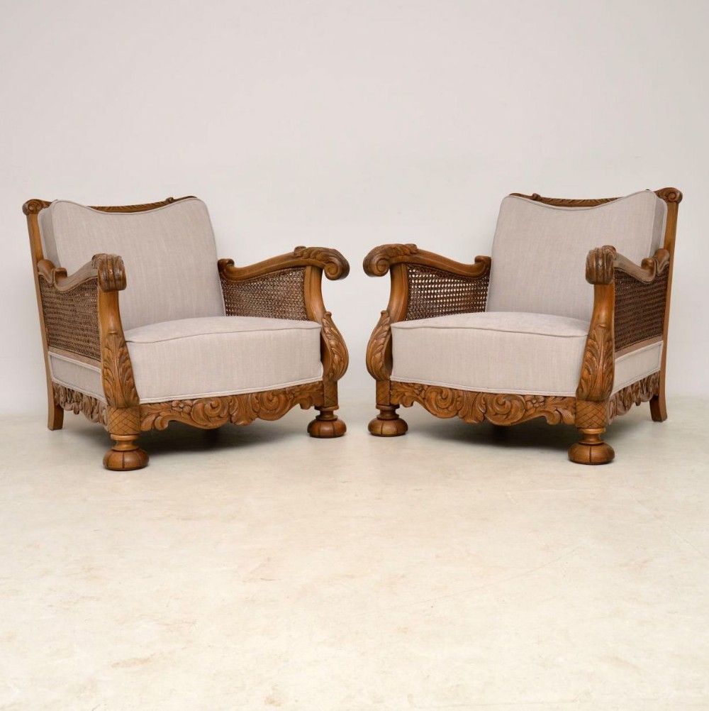 Pair of Antique Swedish Oak Bergere Armchairs 