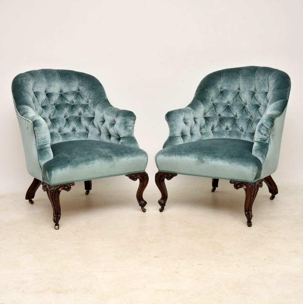 Pair of Antique Victorian Deep Buttoned Armchairs
