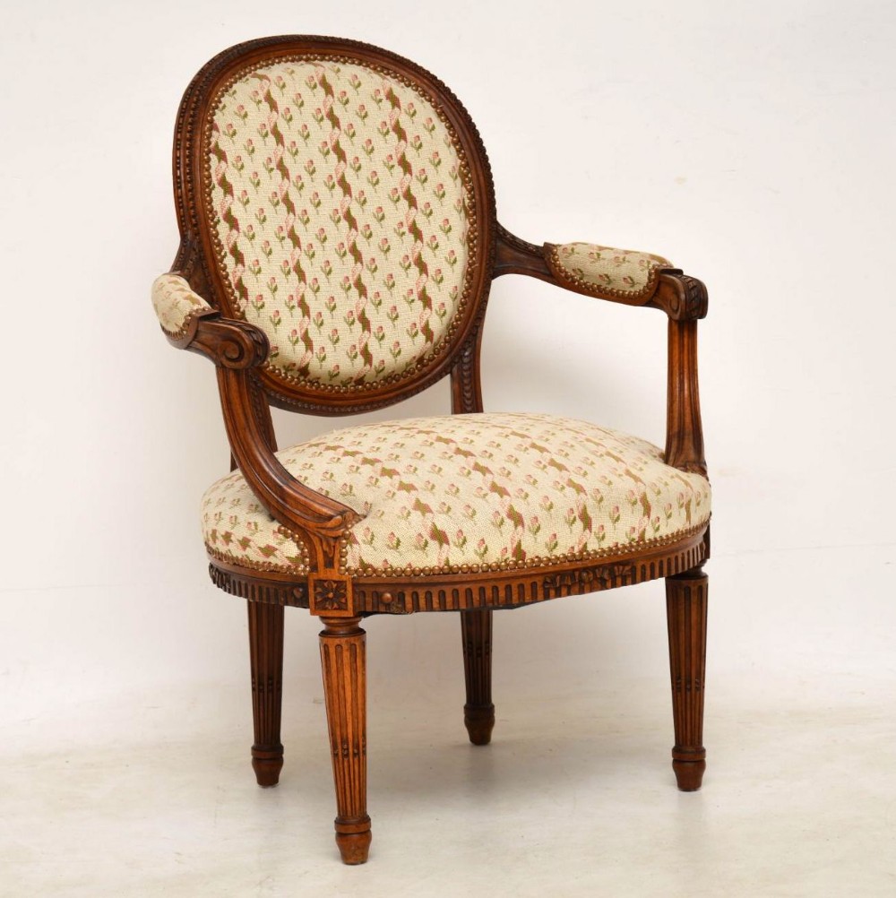 Antique French Carved Walnut Salon Armchair