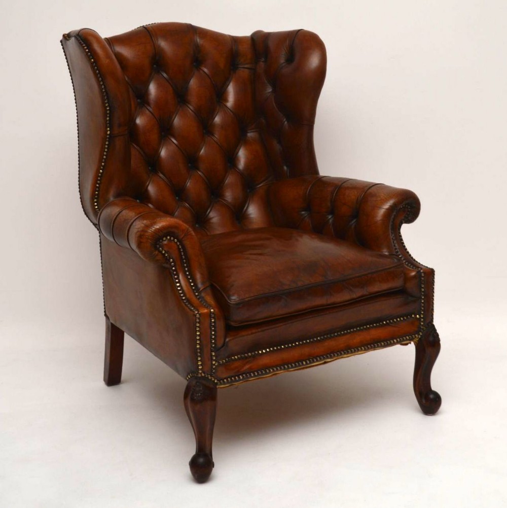 Large Antique Leather Wing Back Armchair