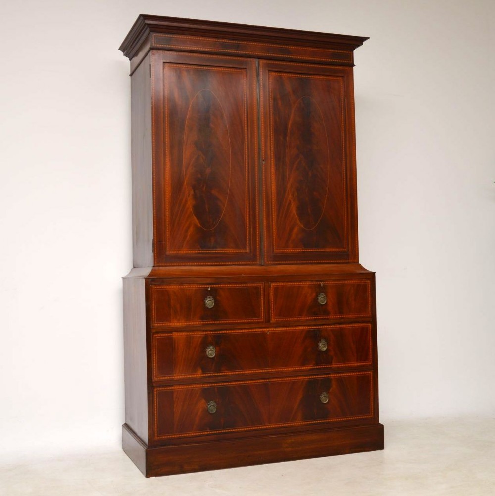  Antique Satinwood Inlaid Mahogany Linen Press