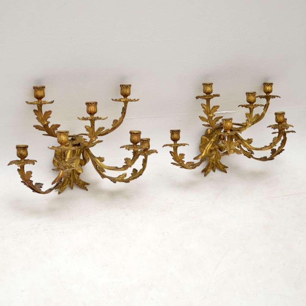  Pair of Antique Gilt Bronze Wall Sconce Candelabra
