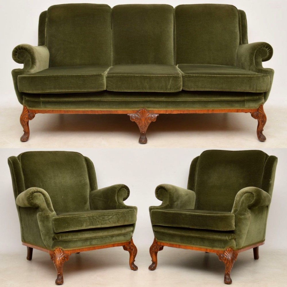 Antique Queen Anne Walnut Sofa & Armchairs Suite