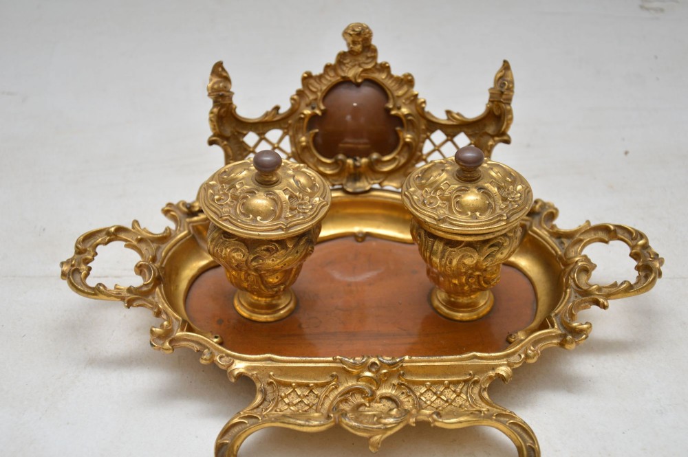 Antique French Gilt Bronze & Walnut Inkwell