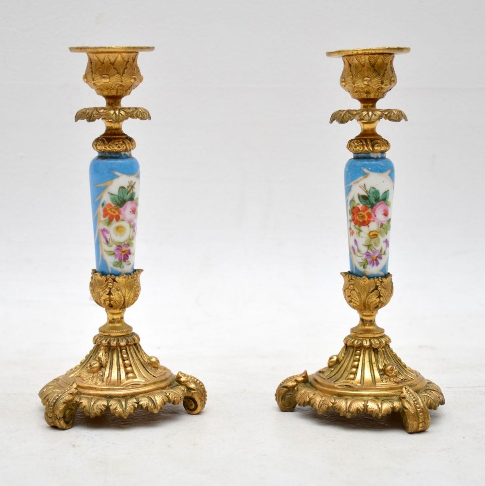 Pair of Antique French Sevres Porcelain & Ormolu Candlesticks 