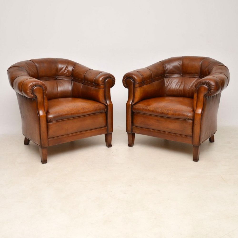  Pair of Antique Swedish Leather Armchairs