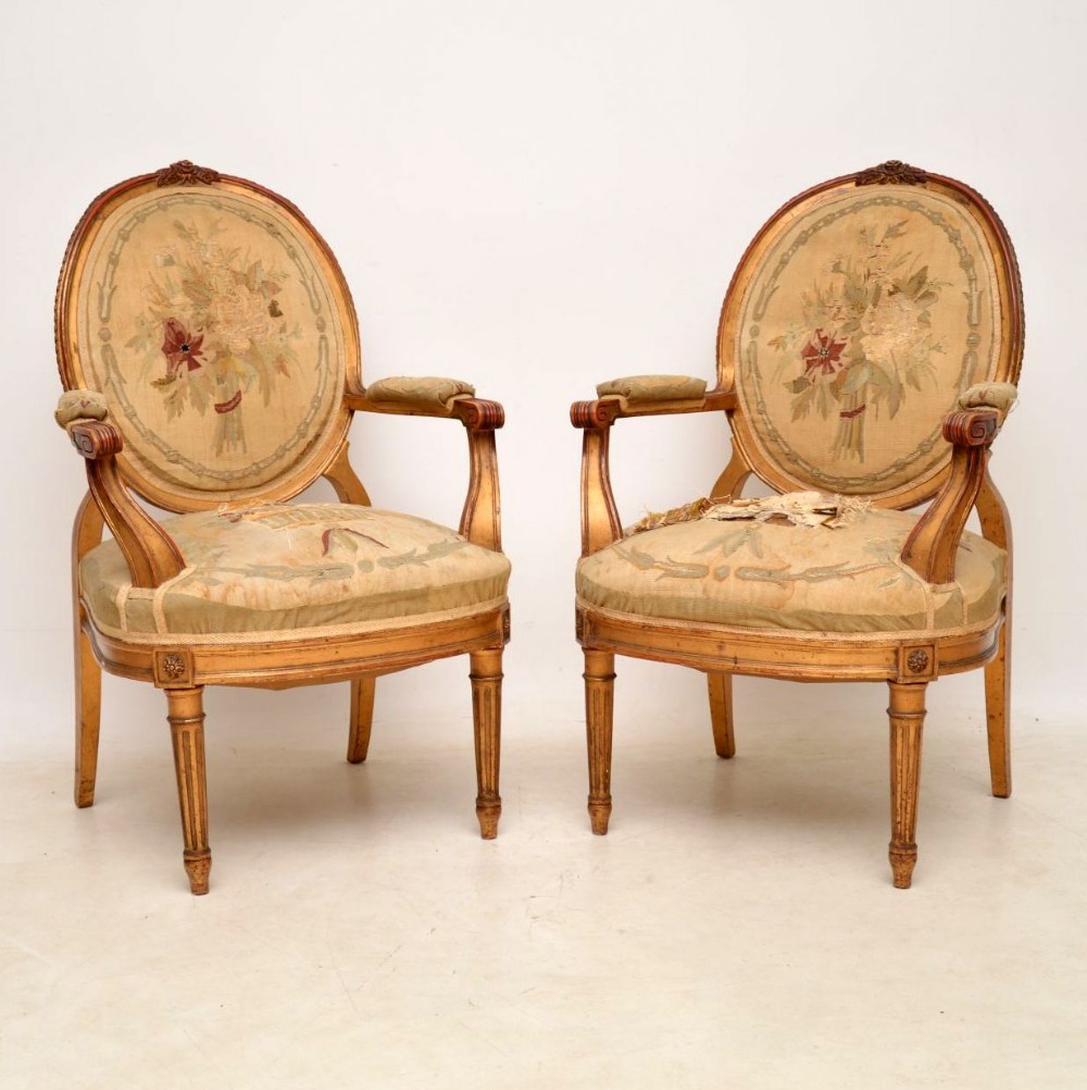 Pair of Antique French Gilt Wood Salon Armchairs